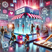 A vibrant digital scene showcasing a modern social commerce experience, with users engaging on social media platforms. The image includes interactive shoppable posts, live streams, and dynamic product displays in a sleek, mobile-friendly interface, capturing the essence of social shopping.